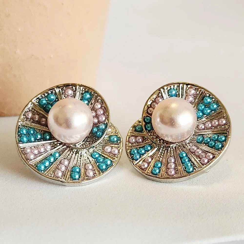 Silver Tone Pink Faux Pearl Teal Beaded Swirl‎ Statement Stud Earrings 1 Inch